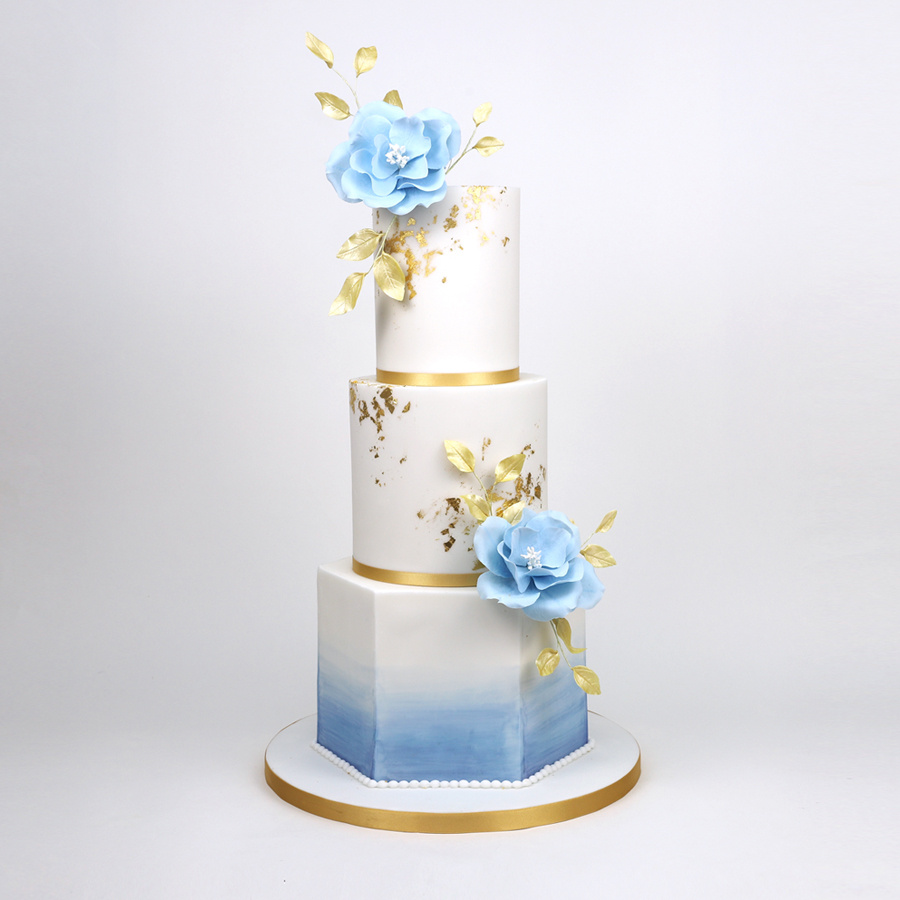 Blue ombre and gold hexagon cake