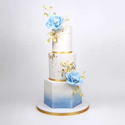 Blue ombre and gold hexagon cake